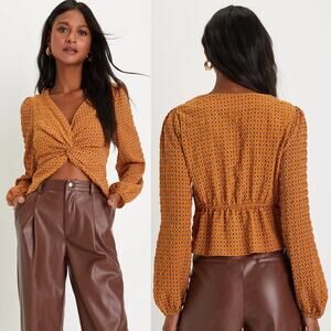 Lulus Throwback Trend Mustard Yellow Geo Print Twist-Front Top